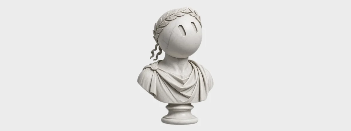 Marble bust statue from the book cover on a wide grey background