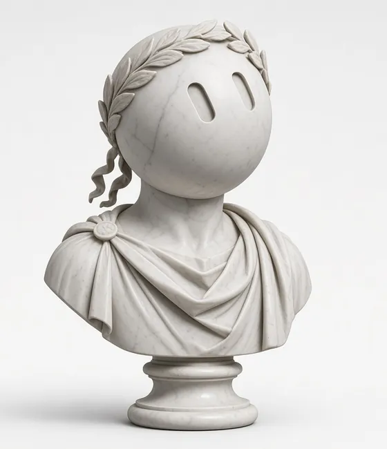 Marble bust statue from the book cover, shown in full on a soft grey background